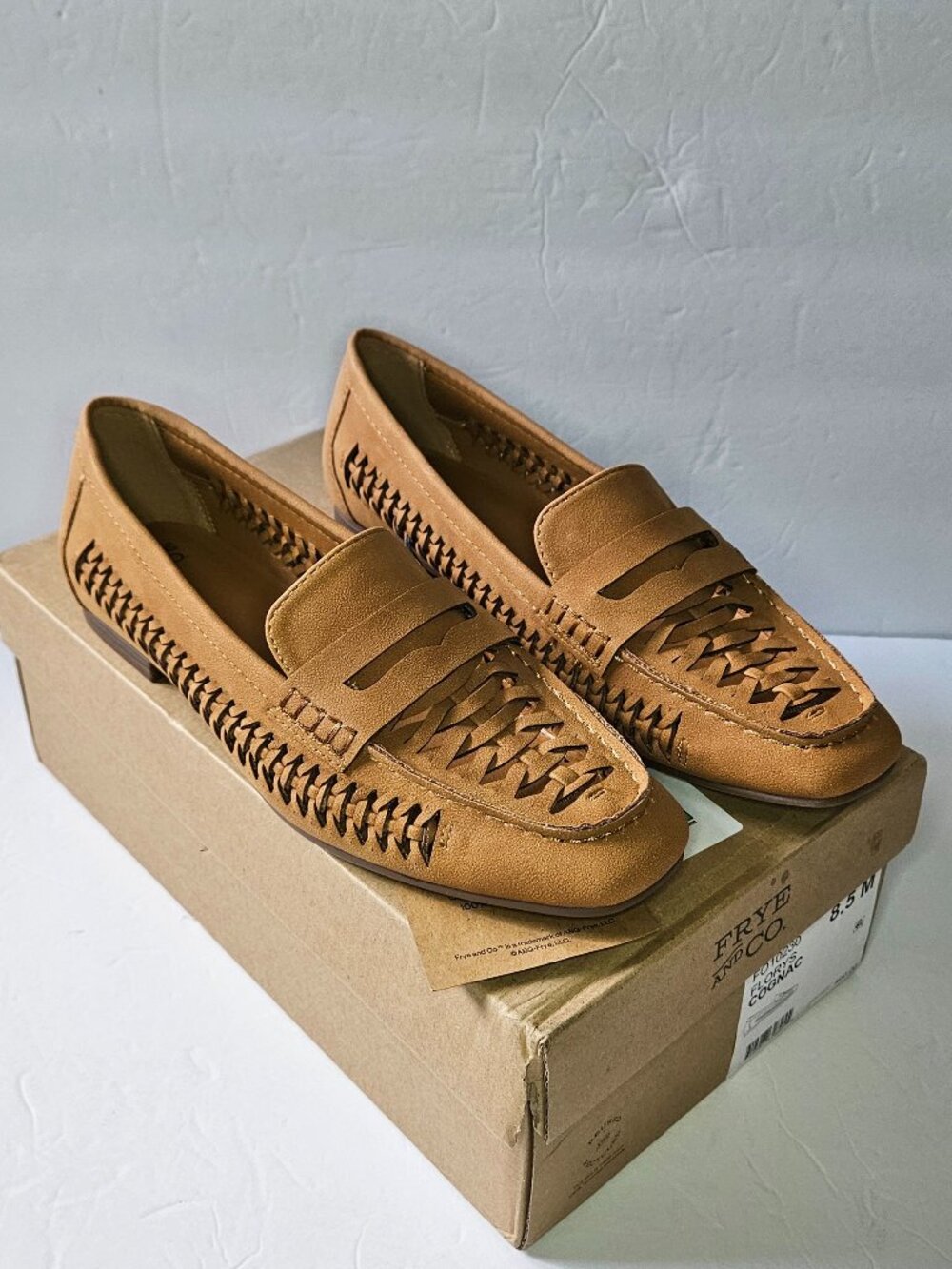 Frye and Co Florys Woven Cognac Penny Loafers Womens size 8.5M